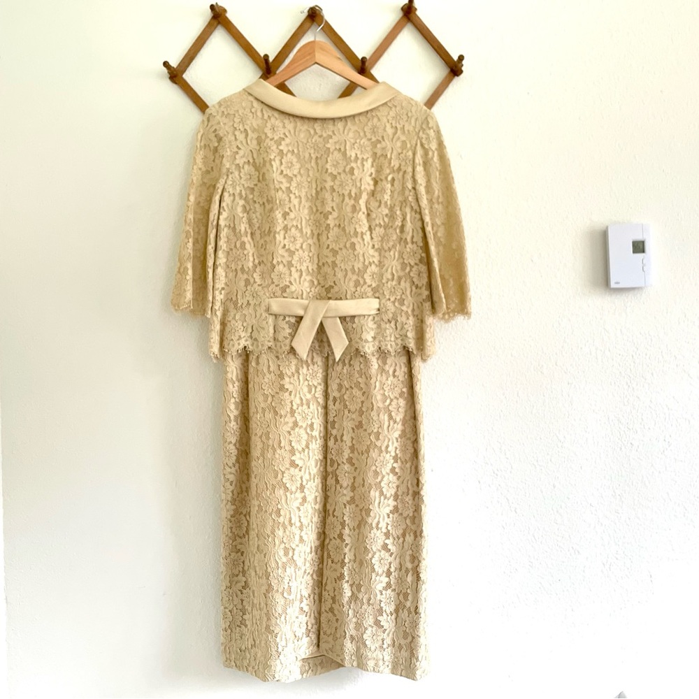 Vintage Silk Lace Creamy Pale Tan Gold Shift Dress 60s Designer Parnes Feinstein